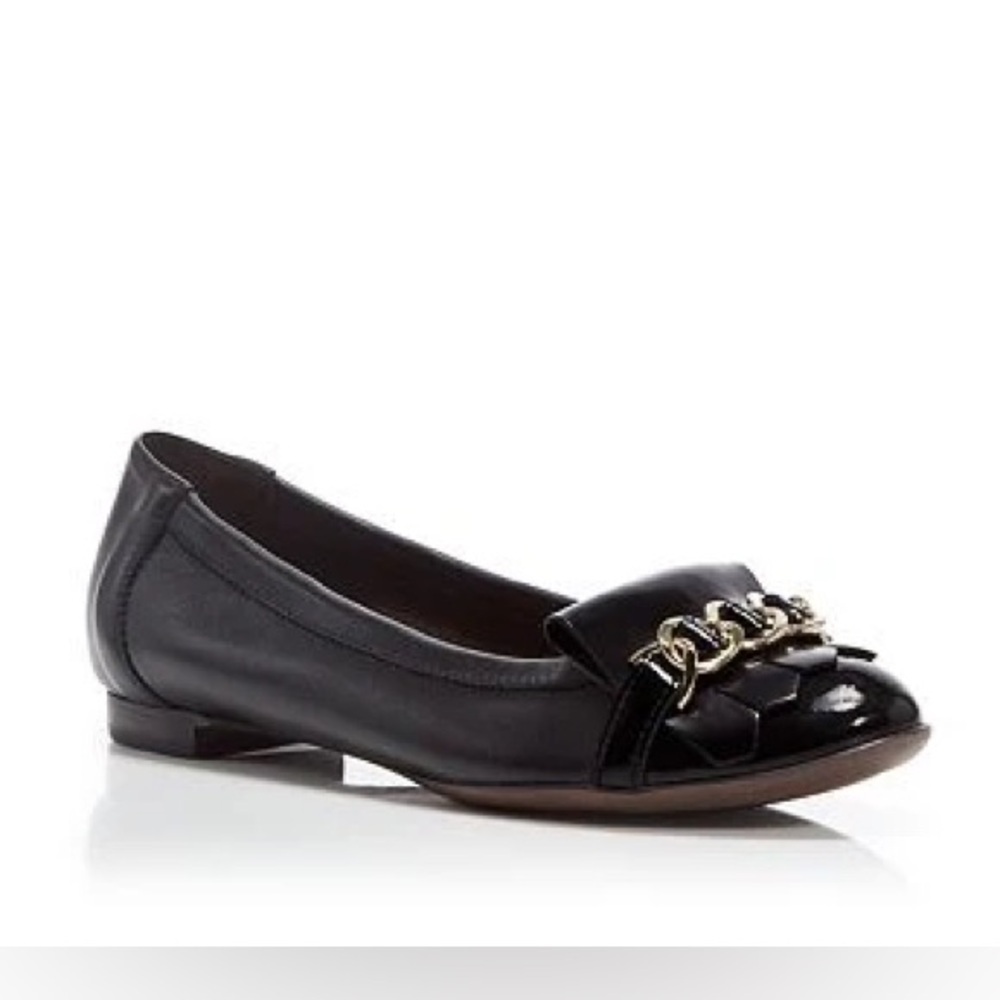 AGL Italy Black Leather Cap Toe Flats Kiltie Fringe Gold Chain Excellent  7.5